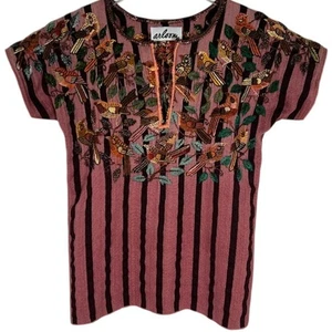 Arloom Damen besticktes gestreiftes Kurzarm Oberteil XS Bluse rosa Boho - Bild 1 von 7