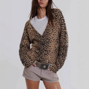 American Retro Leopard Print V-neck Knitted Cardigan, Sweater Jacket - Picture 1 of 18