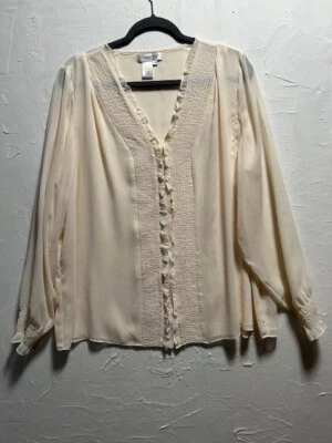 Coldwater Creek Womens Sheer Ivory Blouse Size 2X Ruffle Long Sleeve Ruching - Image 1 of 4