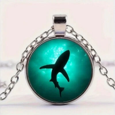 Shark Pattern Cabochon Silver Round Pendant Necklace - Image 1 of 4