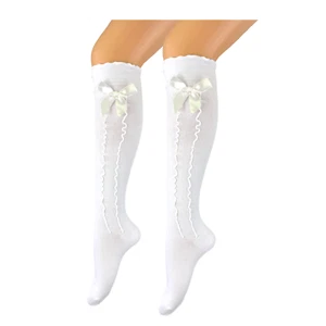 sexy Damen Trachtenstrümpfe Kniestrümpfe mit Satin Schleife und Rüschen weiß - Bild 1 von 7