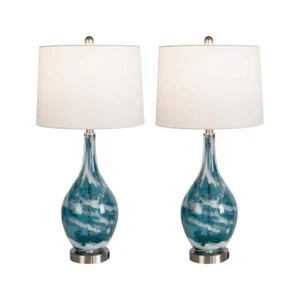 Maxax Table Lamp Set 28" Candlestick Glass Blue+White Dimmable w/ USB (Set of 2) - Picture 1 of 6
