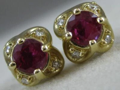 ESTATE DIAMOND ROUND RUBY 14K YELLOW GOLD FILIGREE CLUSTER EARRINGS 7MM #2STS80R - Image 1 of 4