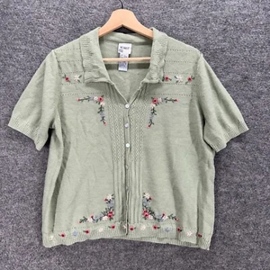 Koret Shirt Women M Medium Gray Floral Button Up Embroidered Collared Cotton - Picture 1 of 6