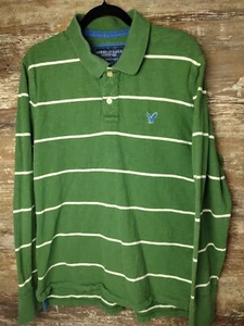 VTG 80s American Eagle Long Sleeve Polo Shirt Mens Large Green white Stripe - Picture 1 of 11