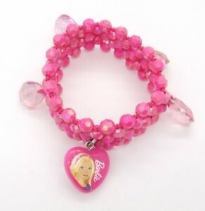 6" Mattel Barbie Pink AB Lucite Bead Stretch Bracelet w/Teardrops & Heart Charm