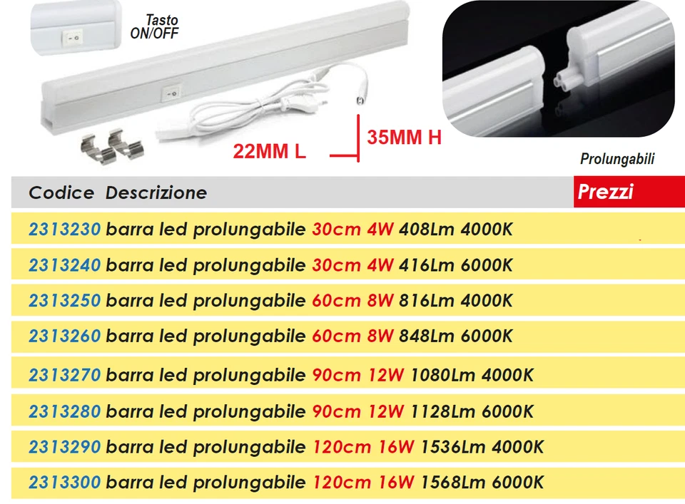 Barra led sottopensile 220V lampada cucina con interruttore luce 45 60 90 120 cm - Immagine 1 di 1