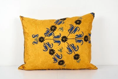 Suzani Yellow Pillow Fashioned from Uzbek Textile - Square Embroidered Pillow - Image 1 of 4