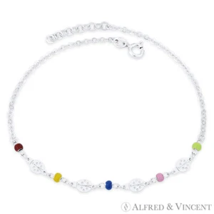 Ladybug Charm, Enamel Bead, & Flat Rolo Chain Italy .925 Sterling Silver Anklet - Imagen 1 de 1
