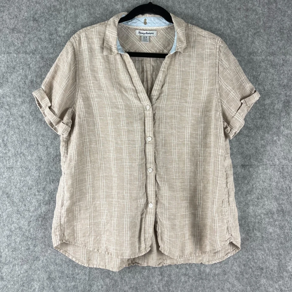 Top Tommy Bahama de lino para mujer mediano beige a cuadros manga corta costero playero Foto 1 de 4