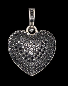 Puffy 3D Pave Black Spinel 925 Sterling Silver Heart Pendant - Picture 1 of 5