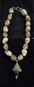 Vintage Sterling Silver & Jasper Agate Nugget Necklace w/ Pendant 17" GORGEOUS - Picture 1 of 7