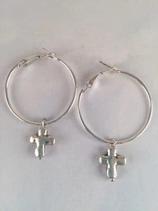 Silver Cross Hoop Earrings Dangle Drop Women’s Boho Bohemian Artisan Jewelry - Picture 1 of 5