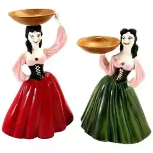 Vintage Italy Ladies in Red Green Dresses Candle Holders Signed MAC 1958 - Picture 1 of 12