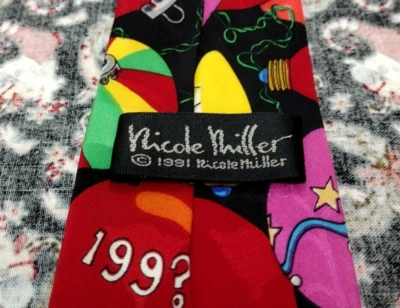 Nicole Miller 1991 corbata de seda ropa de noche de vacaciones coloridos adornos navideños Foto 1 de 4