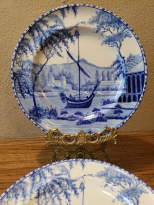 Juego de 5 platos de ensalada Pottery Barn azul y blanco escena de pueblo y barco Sophia  Foto 1 de 4