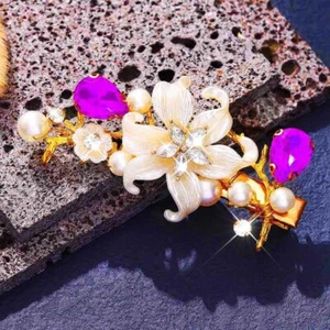 Gold Flower Hair Clips Crystal Hair Barrettes Pearl Wedding Headpiece for Women - Picture 1 of 7