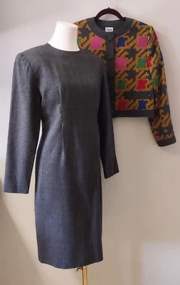 Vintage 80's Gray Wool Blend dress Nipped Waist Colorful Blazer Set Paquin 6 - Image 1 of 4