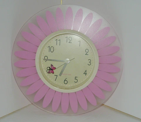 Daisy Wall Clock Flower Pink W/Butterfly Second Hand Battery 8” Sterling Noble Cover
