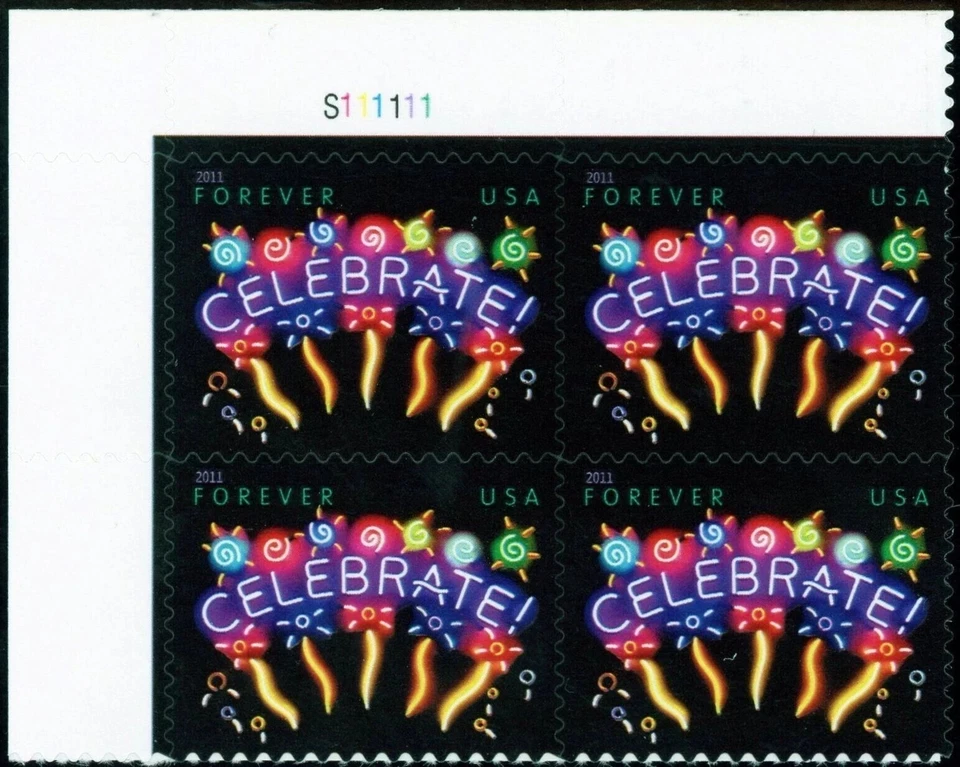 SFSTAMPS US Scott 4502 Neon Celebrate Plate Block of 4 Forever Stamps MNH 2011 - Image 1 of 1