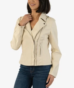 NWT Kut From The Kloth Maeve Faux Leather Moto Jacket Ivory Vegan Coat Crop LRG - Picture 1 of 14