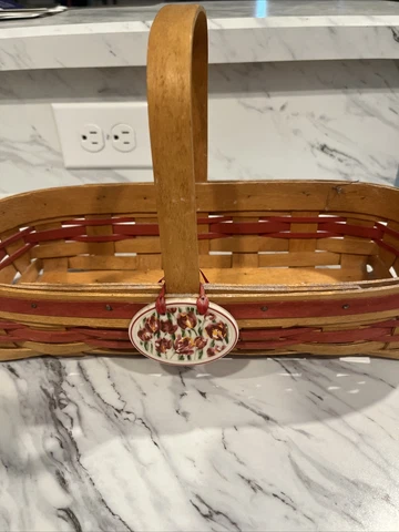Vintage 1995 Longaberger Cracker Basket, Rectangular, Red With Flower Tag Cover