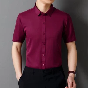 New Mens Dress Shirts Formal Business Short Sleeves No Iron Elastic Casual Shirt - Picture 1 of 17