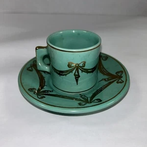 Vintage Made In Italy demitasse espresso cup saucer set Aqua Green Gold Paint - Picture 1 of 9