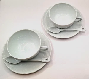 Vintage LA PORCELLANA BIANCA Tea Cup, Saucer  & Spoon Set of 2 White Porcelain - Picture 1 of 3