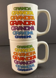 Grandma Grandpa Rainbow Typography Coffee Mugs - Set of 2 - Retro 1970s Style - Picture 1 of 14
