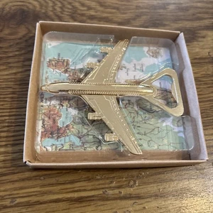 Airplane Metal Bottle Opener, Goldtone NOS in orig Box 4" x 4" - Picture 1 of 4