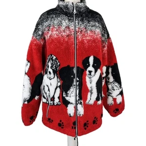 Chaqueta polar vintage para mujer L roja negra acolchada con estampado de cachorro perro cremallera talla L - Imagen 1 de 6