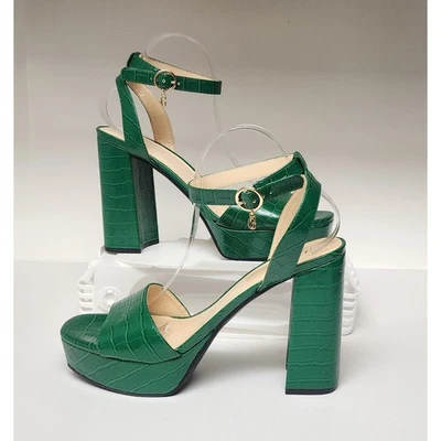Guess Wgrestore-R Green Faux Leather Ankle Strap Platform Block Heel Sandals 11M - Image 1 of 4