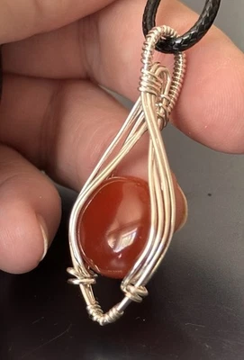 Carnelian ~ Handmade Non Tarnish Fine Silver Plated wire wrapped pendant 4e - Image 1 of 4