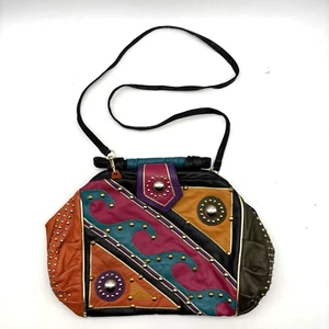 Vintage 70s Michelle Handbags Multicolor Patchwork Leather Studded Frame Purse - Picture 1 of 18