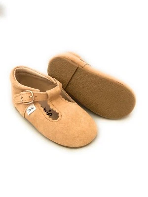 Zapatos Mary Jane bebé suela dura talla 6, 7, 9, barra en T de gamuza melocotón, niño pequeño  Foto 1 de 4