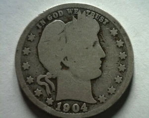 1904-O BARBER QUARTER DOLLAR ABOUT GOOD+ AG+ NICE ORIGINAL COIN BOBS COINS - Picture 1 of 2