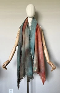 813 Ottotredici Watercolor Tie Dye Fringe Trim Large Scarf 72” X 22” Wool Blend? - Picture 1 of 9