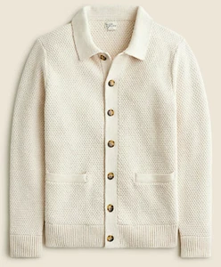 NWT J Crew Ivory White Cardigan Moss-Stitch Sweater Polo in Heather Natural - Picture 1 of 1