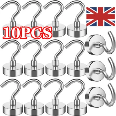 10 Pack Heavy Duty Magnetic Hooks Strong Magnet Hanger Hold Neodymium Hook Set - Image 1 of 4