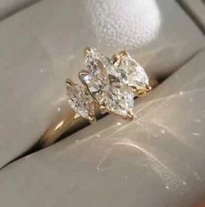 2.55Ct Marquise Three-Stone Lab Created Diamond 14K Gold Finish Engagement Ring - Picture 1 of 12