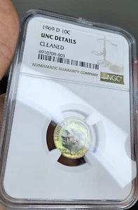 1969 D TONED Roosevelt Dime NGC CLEANED Unc Details Green Toning Coin 10C - Picture 1 of 7