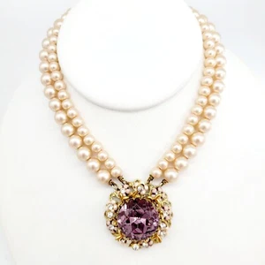Collana Choker Vintage Doppia Fila Finta Perla Grande Vetro Viola Focale - Foto 1 di 8