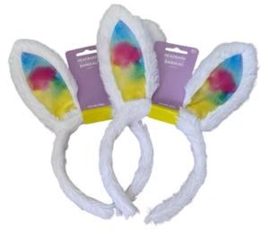 2 x Easter Bunny Ears Headband White Rainbow Tie- Dye Inner Ears NEW - Picture 1 of 3