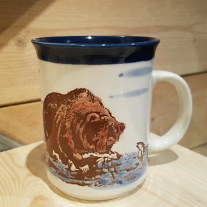 Brown Grizzly Bear Catching Fish Scene Coffee Mug Cup w/Blue Rim - Swanky Barn - Picture 1 of 12