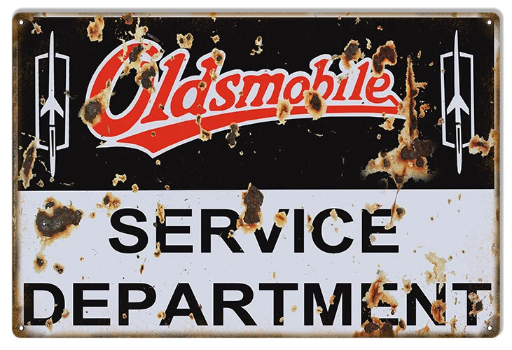 OLDSMOBILE SERVICE DEPARTMENT 18" HEAVY DUTY USA MADE METAL AGED AUTO ADV SIGN - Image 1 of 1