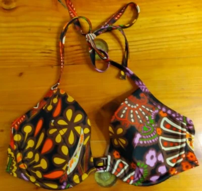Top Halter Victoria Secret Swim 34C Retro Floral Marrón Multicolor Con Aros Foto 1 de 4