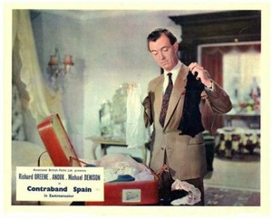 Contraband Spain original 8x10 lobby card Michael Denison unpacks case