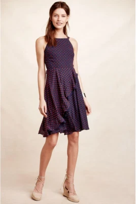 Vestido Anthropologie Eva Franco Maryanne Azul Marino/Rojo Punto Volantes Talla 12 $158 Nuevo con Etiquetas Foto 1 de 4