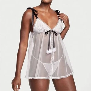 Neu mit Etikett Victoria’s Secret Babydoll-Set mit Schneeflockenverzierung weiß - Bild 1 von 10